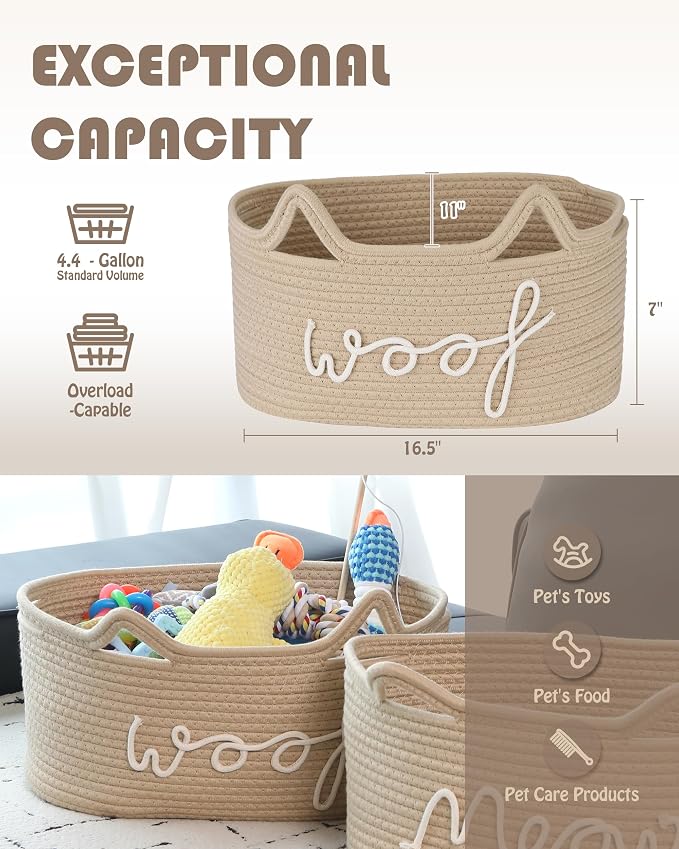 Sea Team Dog Toy Storage Basket with Handles and Ears, Beige Woof | Large Cotton Rope Storage Bin, Shelf Basket, Organizer for Pet Chew Toys, Foods, 16.5 x 11 x 7 Inches, 4.4 Gallons