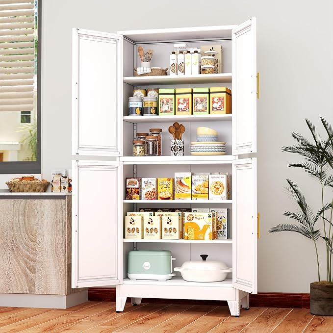 75" Tall Kitchen Pantry Cabinet, White Metal Pantry Storage | Storage Cabinet with Doors and 3 Adjustable Shelves, Steel Storage, Bathroom cabinets Organizer, Cupboard for Home, Office