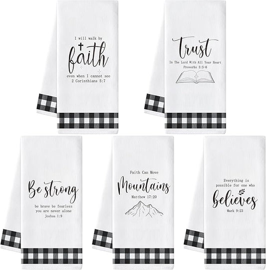 R HORSE Religious Christian Kitchen Dish Towel 5Pcs Bible Verse Scripture Kitchen Cleaning Dishcloth, Black and White Check Absorbent Hand Towel for Women Men Religious Housewarming Gift