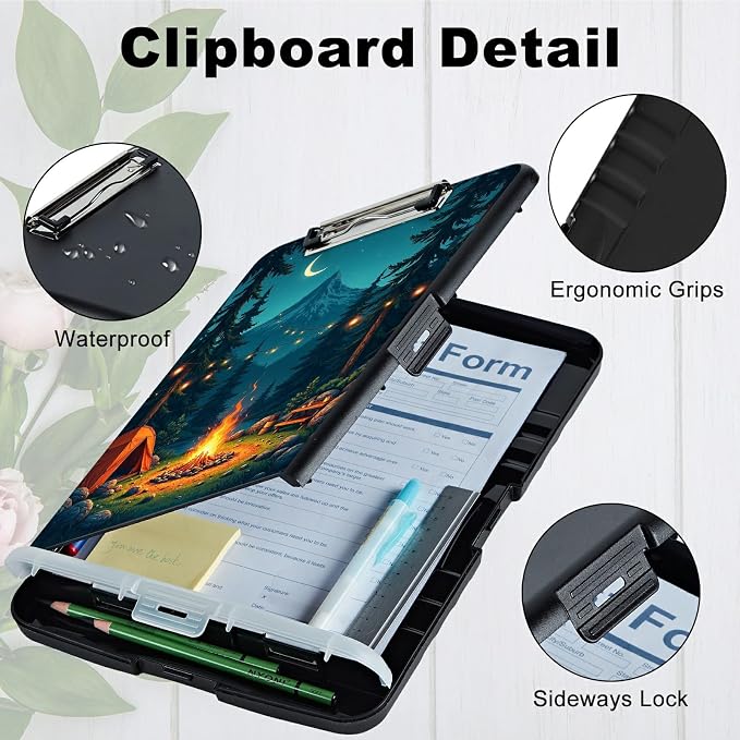 A4 Clipboard with Storage Pen Holder, Clipboards Organizer Nursing Clipboard Foldable File Folder Plastic Clipboard Folio Clip Board for Office Work Classroom Doctor, Dark Mountain Flame