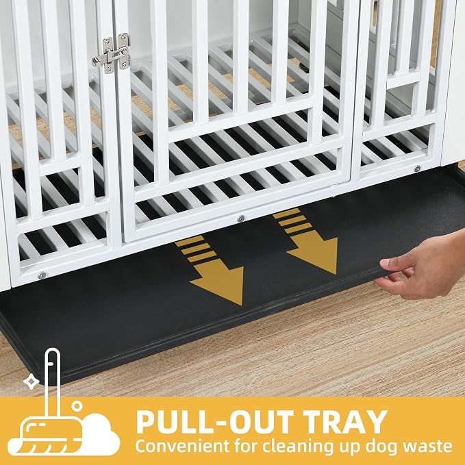 DWVO 38 Inch Dog Crate Furniture with Wheels & Removable Tray | Dog Kennel Indoor Heavy Duty End Table for Large Medium Dogs, Decorative Wooden Dog Cage Table, Chew-Resistant, White