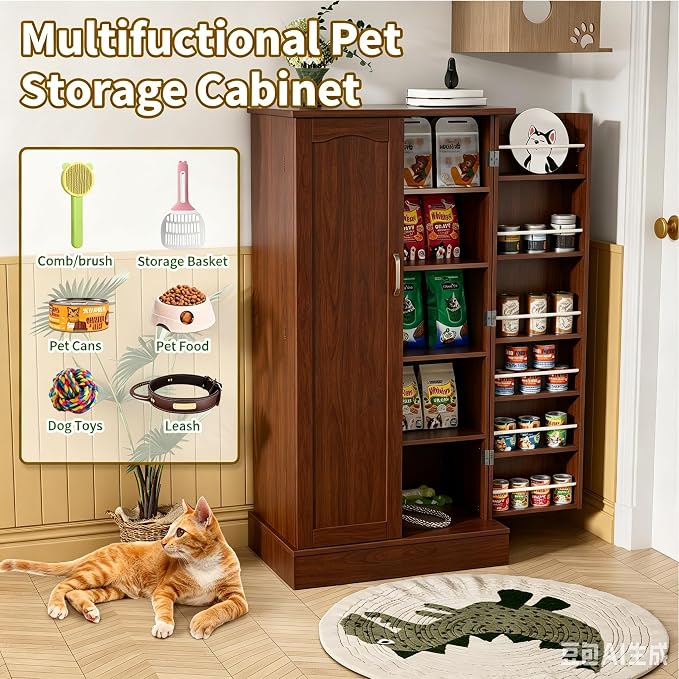 Saudism 47" Dog Food Storage Cabinet with Doors and Adjustable Shelves | Freestanding Pet Storage Container Organizer for Living Room and Dinning Room, Walnut