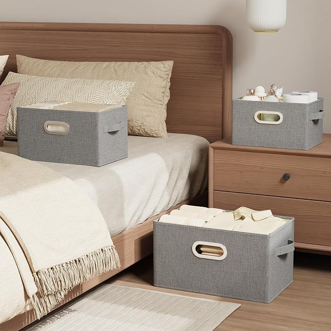 Washable Storage Box with Fabric Handle,Grey,15x9.8x9.8in,4 Pack | Open Storage Bins with Metal Grips,Moisture-Proof PP Board Closet Organizers,Foldable Cloth Baskets for Garment Cabinet