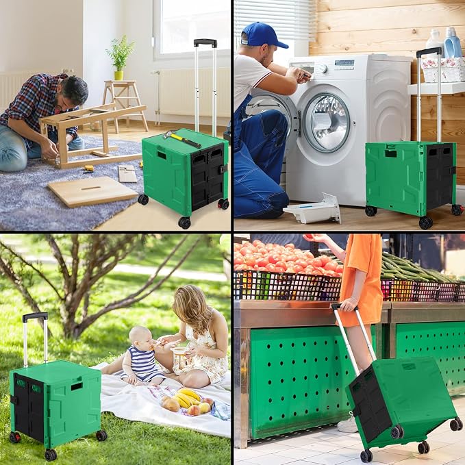 Foldable Shopping Utility Cart Portable Rolling Crate Handcart with 360°Rotate Wheel,Hidden Lid,Telescoping Handle Collapsible for Travel Shopping Moving Storage Office Use(DarkGreen)