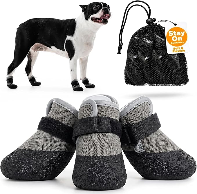 4-Pack Soft Upper & Flexible Sole Dog Summer Shoes for Hot Pavement | Stay-On Dog Booties for Rain, Snow, Mud & Outdoor Walks, Dog Shoe for Large Dogs with Free Mesh Bag to Stop Licking, XXL