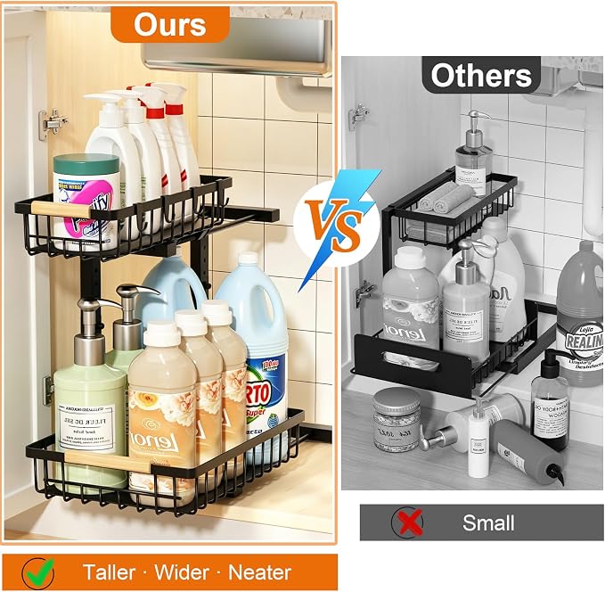 Under Sink Organizer, Adjustable 2 Tier Pull Out Kitchen Bathroom | cabinet organizer, 5 level adjustable, quiet sliding rails, dual suction and nano tape, no drill, rust resistant holds 50 lbs