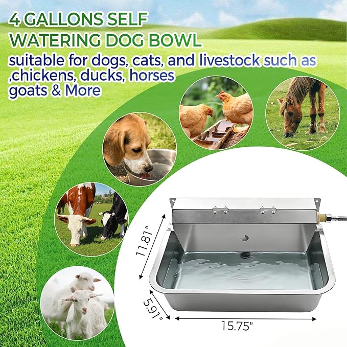 Automatic Dog Water Dispenser with Drain Hole, 304 Stainless Steel Auto Water Dog Bowl with Float Valve, Hose Quick Connect Fitting, Automatic Livestock Waterer for Horse, Chicken (4 Gallons)