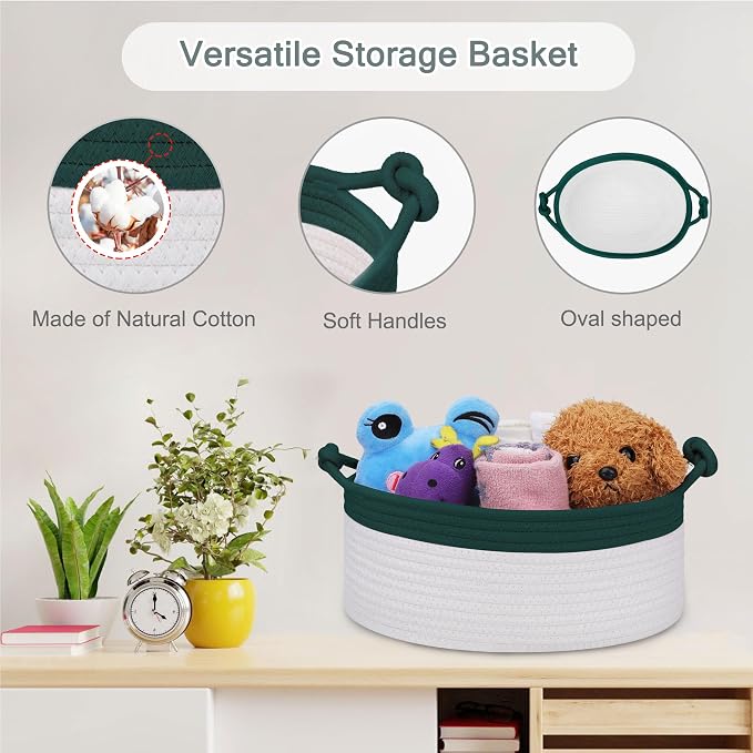 COMSE Small Gift Basket Empty with Bag & Ribbons, Dark Green & White | Cotton Rope, 12"x 8"x 5", Pet Toy Storage Organizer, Woven Basket for Birthdays, Baby Showers, Mother’s Day, Valentine’s Day