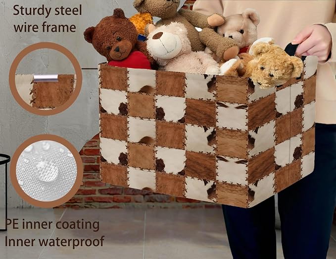 Checkered Kids Toy Basket Collapse Storage Bin with Handles Canvas Cow Fur Print Home Decor(Brown White)