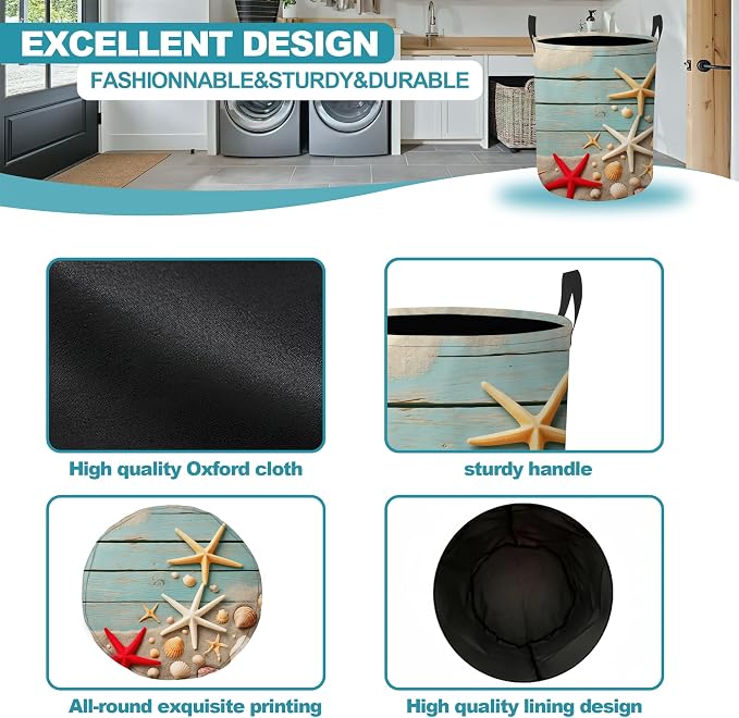 Starfish Seashell Collapsible Laundry Hamper,Blue Coastal Beach Waterproof Oxford Cloth Clothes Basket with Handles for Bathroom Bedroom Nursery Dorm Room,16" x 20"