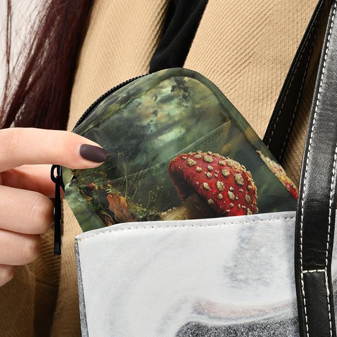 Fustylead Retro Aesthetic Amanita Mushroom Oil Painting Travel Pill Organizer Case Zipper for Purse with Removable Weekly Pill Box for Medicine, Vitamin, Supplement Medicine Organizer