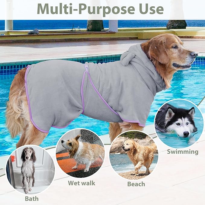 Dog Bathrobe Super Absorbent Towel Robe - Microfiber Bath Towels Fast Drying Coat for Dogs, Cute Dogs Clothes Adjustable Collar & Belly Strap Warm Keeping Hooded Dog Towel (Grey, Small)