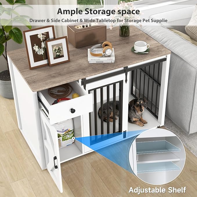 Verano Garden 44" Dog Crate Furniture, Dog Kennel (44" Left Facing Door) | 2-in-1, Lockable, Sliding Door, Removable Divider, Adjustable Shelf, Farmhouse, Heavy Duty, Small Medium Dogs, White