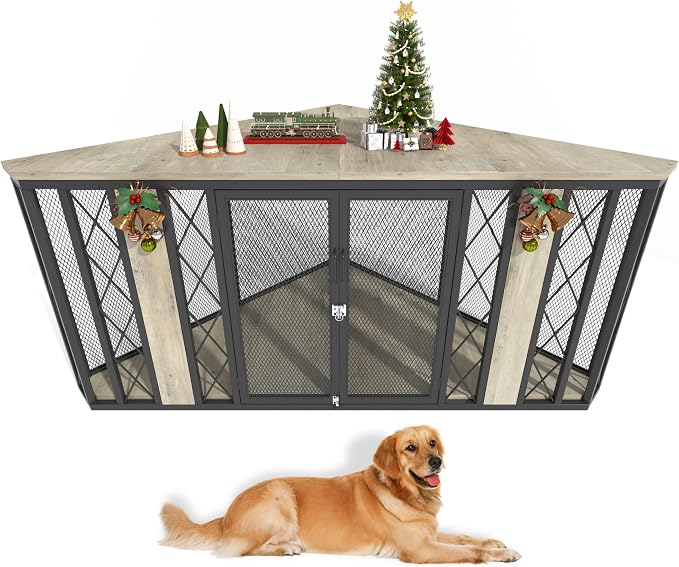 Spacesea XL Corner Dog Crate Furniture, 67" Wooden Corner Dog Kennel, End Table & TV Stand, Chew-Proof, Large Breed Dog Cage for Living Room, Grey
