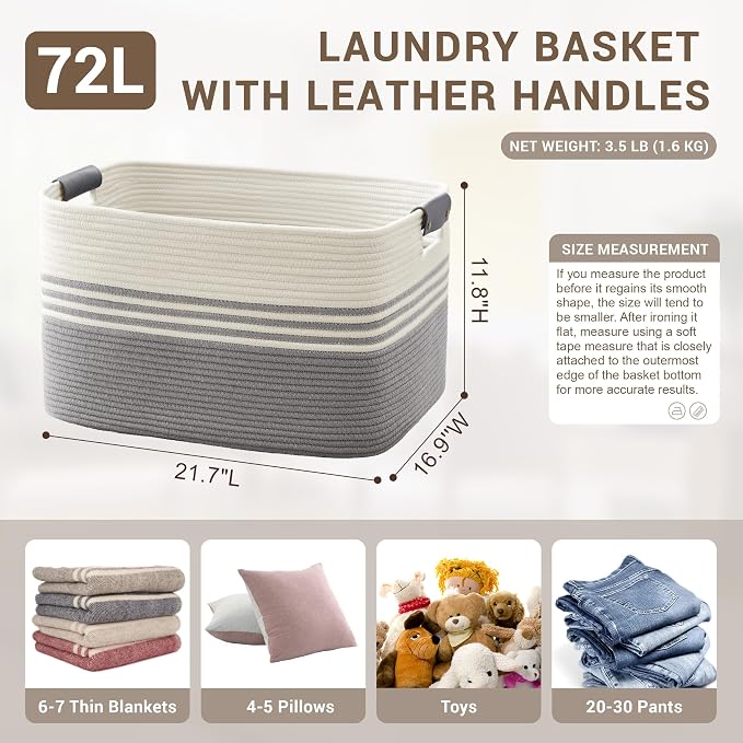 72L Large Woven Laundry Basket Hamper with Leather Handles,Grey | collapsible wicker hamper, storage for dirty clothes, toys, blankets, gifts, living room, bedroom, bathroom, 22"x17"x12"