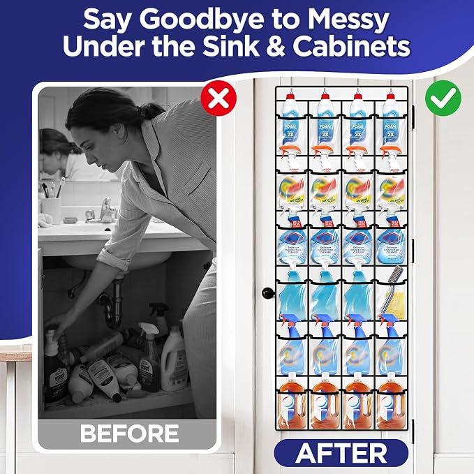 Clear Cleaning Supplies Organizer,Cleaning Products 24 Large Pockets | Over The Door All Purpose Cleaner Holder for Laundry Bathroom, Auto Glass Cleaner Organizer for Garage,Spray Bottle Holder