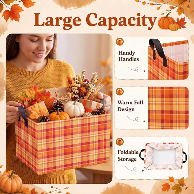 FoldTier 4 Pcs Fall Storage Baskets Empty Collapsible Autumn Organizer Bins with Handles Polyester Pumpkin Storage Bins for Autumn Thanksgiving Pet Toys Books Clothes Gifts Home Decor(Pumpkin)