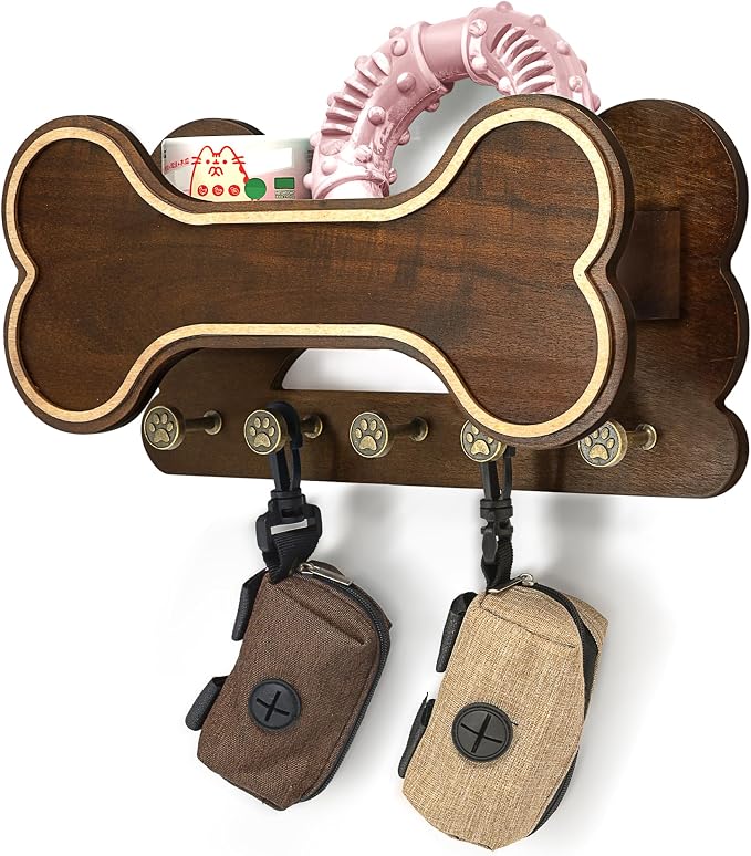 MTERSN Dog Leash Holder Wall Mount for Cute Dog Themed Decor, Dark Brown | Acacia Wood, 3D Dog Paw with Five Hooks & Display Shelf, Double-layer Dog Bone Design, Pet Accessories, Farmhouse Home Accent