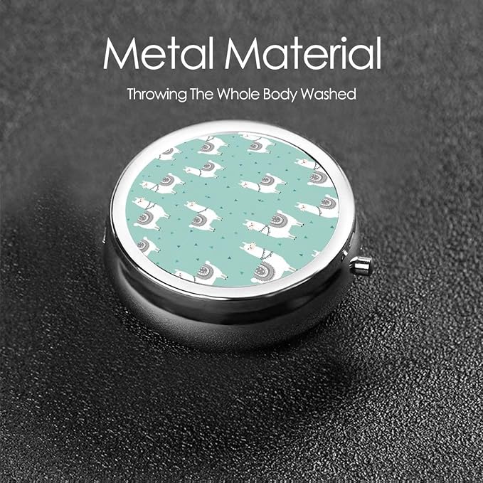 Travel Medicine Box, Llama Animal Cartoon Round Small Organizer, Metal Pill Case for Fish Oil, Portable Dispenser Purse Pocket for Commuters