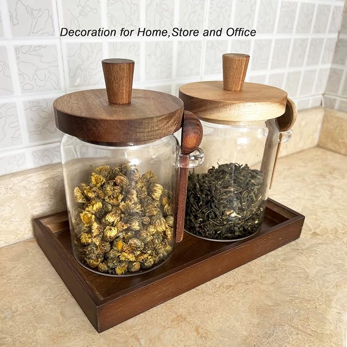 Glass Jars with Brown Wooden Lids and Scoops 20oz 2Pack with Tray, Airtight Food Storage Containers with Tray for Sugar Coffee Bean Candy Spice