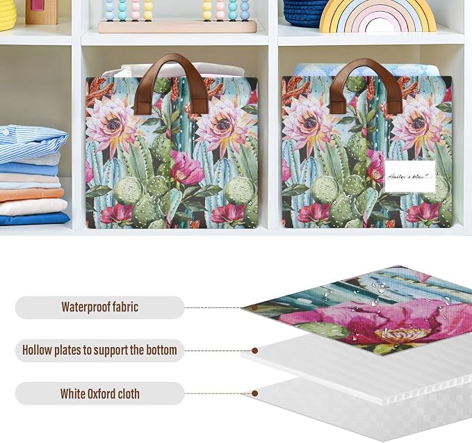 Cactus Floral Tropical Plant Storage Bins for Shelves with Labels&Handles Fabric Organizer Bin Foldable Rectangle Storage Basket Boxes for Closet, Bathroom, Home, Living Room, 2 Pack