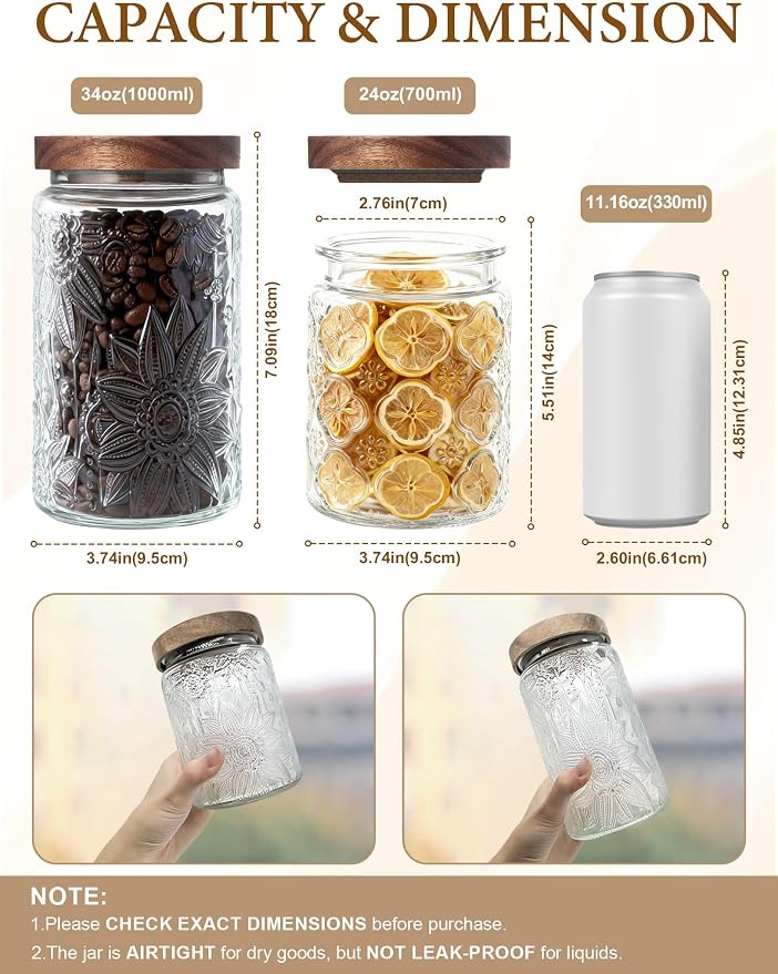 Vintage Glass Jar with Wood Lid - Christmas Airtight Canisters for Kitchen Countertop Bathroom, Storage Candy, Cookie, Coffee, Apothecary, Sugar, Flour,Pet Treat (2 X Begonia, 34oz/1000ml)