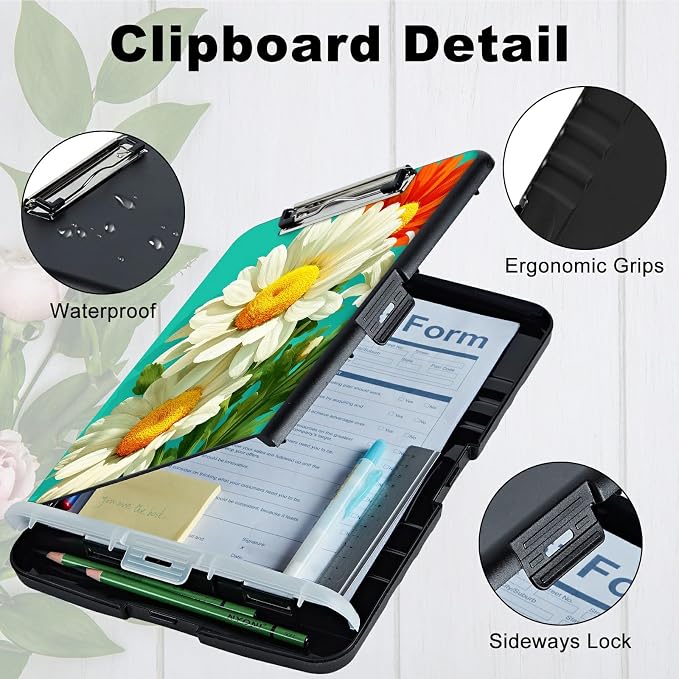A4 Clipboard with Storage Pen Holder, Clipboards Organizer Nursing Clipboard Foldable File Folder Plastic Clipboard Folio Clip Board for Office Work Classroom Doctor, White Daisy