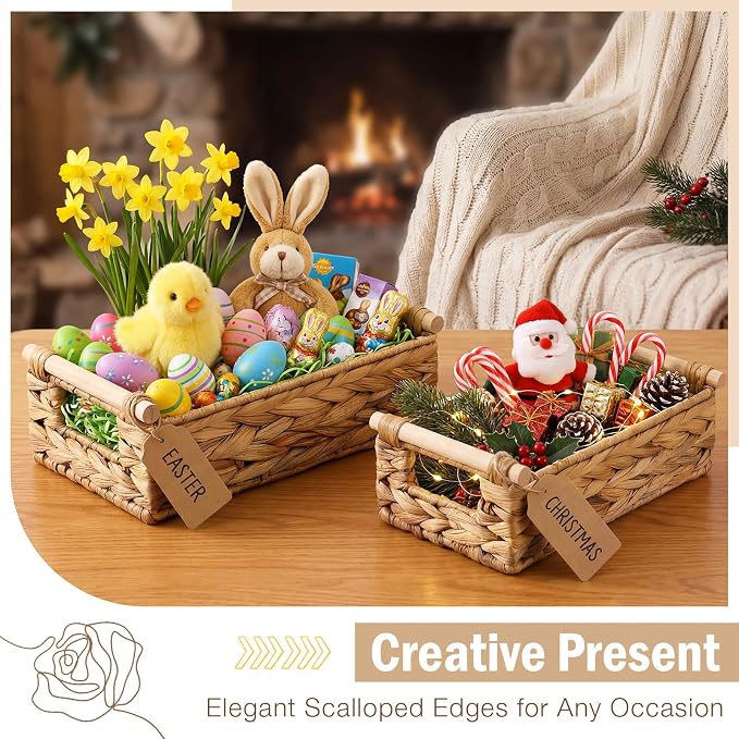 2 Pack Toilet Paper Storage Basket, Wicker Baskets for Bathroom, Water Hyacinth Baskets with Wooden Handles for over Toilet Storage Shelf, End Table, Shelves and More(Large&medium)