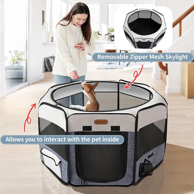 Seiyierr Dog Playpen, Portable Pet Play Pen Foldable Carrying Case, Puppy Pens Outsid for Small Cat Indoor/Outdoor, Removable Mesh Shade Cover