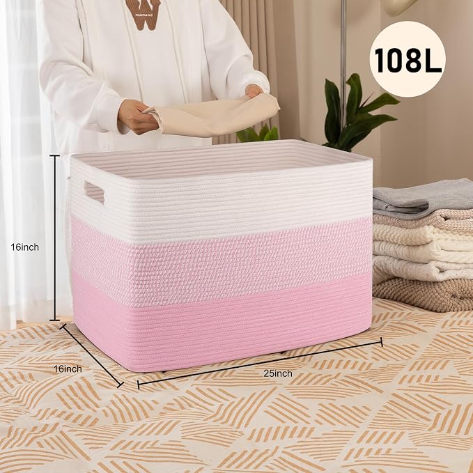 OIAHOMY 108L Extra Large Blanket Basket Dog Toy Basket Pink&White | Rectangle Woven Baskets for Storage Cotton Rope Basket For Living Room Toy Storage Blanket Storage Laundry Basket