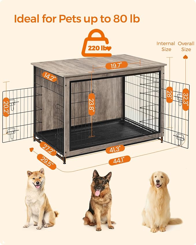 Feandrea 44.1" Dog Crate Furniture, Indoor Dog Cage Side End Table, XL Pet Wood Kennel for Large and Medium Dogs up to 80 lb with Multi-Purpose Removable Tray, Double-Door Pet House, Greige