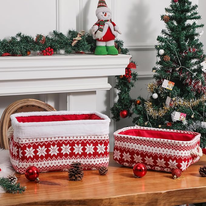 Red Christmas Gift Basket, Collapsible Empty Holiday Storage Bin with Handles, Fabric Storage Organizer for Kids, Baby Items, Presents and Festive Home Decorations