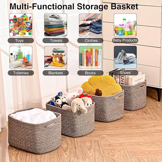 ICERZCZ Storage Baskets for Organizing 12.5x9.1x7.9 Mixed Dark Brown | Storage Bins for Shelves, Woven Cotton Rope Basket for Books Toys Clothes Bedroom Living Room Nursery Bathroom, 4 Packs