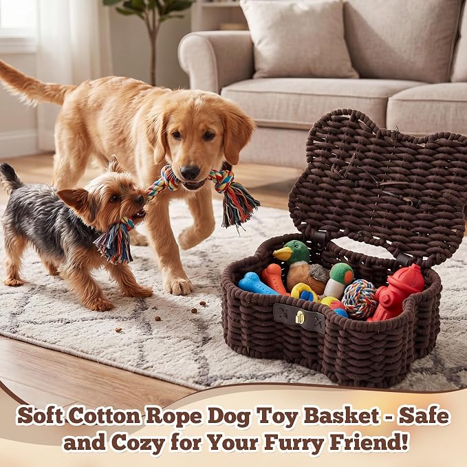 Novabright Bone Shaped Dog Toy Basket with Lid, Cotton Rope Woven Pet Toys Bin with Latch and Handle, Handmade Dog Toy Organizer Storage Brown Bin for Puppy 15" x 11.2" x 6.5"