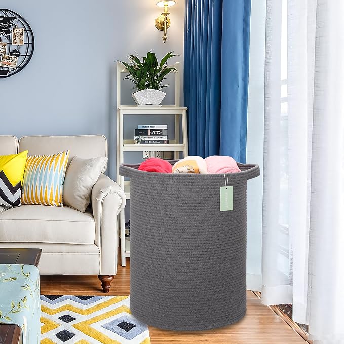Cotton Rope Blanket Basket, 72L Tall Laundry Hamper, Dark Gray