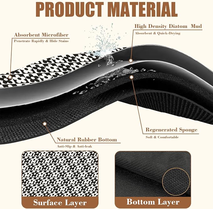 Black and White Checkered Flower Dish Drying Mat for Kitchen Counter Absorbent Coffee Bar Mat with Hide Stain Rubber Backed Coffee Maker Espresso Machine Cafe Table Accessories 11.8 x 19.7 Inch