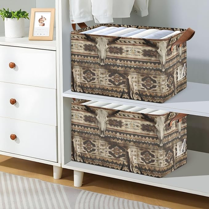 Rustic Western Bull Skull Storage Bins for Shelves with Labels&Handles Fabric Organizer Bin Foldable Rectangle Storage Basket Boxes for Closet, Bathroom, Home, Living Room
