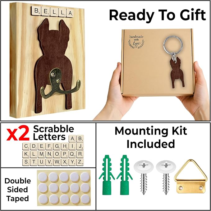 Doberman Dog Leash Holder Wall Mount with Scrabble Letters, Wooden Dog Wall Hook Organizer, Pet Collar and Harness Holder Entryway, Key Hook and Leash Rack, Gift for Pet Lovers, Home Decor PF297-33