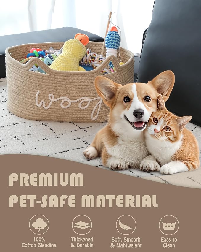 Sea Team Dog Toy Storage Basket with Handles and Ears, Beige Woof | Large Cotton Rope Storage Bin, Shelf Basket, Organizer for Pet Chew Toys, Foods, 16.5 x 11 x 7 Inches, 4.4 Gallons