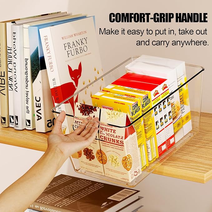 Set of 6 Pantry Organizers and Storage, Clear Plastic Bins(4L+2S) | BPA-free PETG storage containers with handles, Ideal for kitchen, fridge, bathroom, cabinet, office, and garage organization