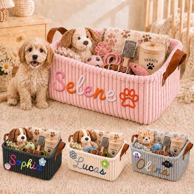 Personalized Pet Dog Cat Toy Storage Basket Bin with Embroidery Name & Icon | Custom Puppy Corduroy Storage Bins, Customized Dog Toy Box Organizer for Pet Supplies, Treats & Blankets, Pets Gifts Basket