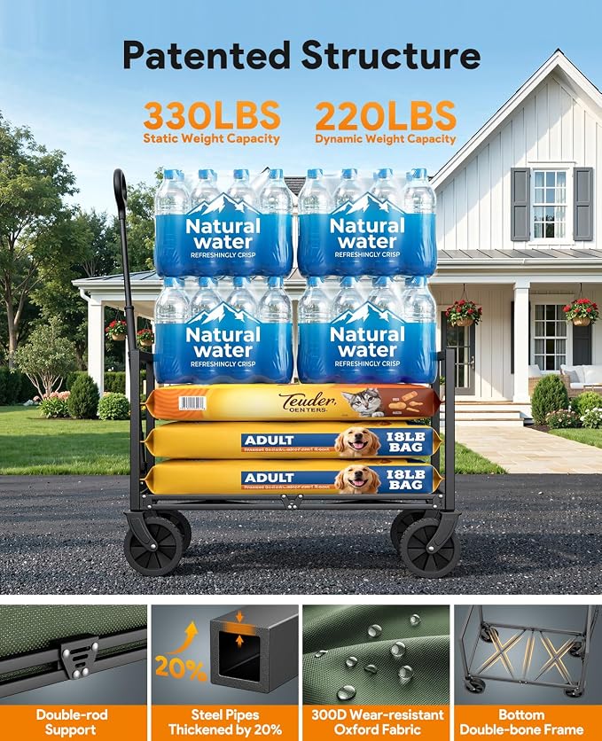 Collapsible Wagon Cart with Wheels, 220LBS for Grocery Shopping Camping | 110L Capacity Wagons Carts Foldable,220LBS Heavy Duty Wagon Carts, Lightweight Portable Utility Cart,All-Terrain Wheels