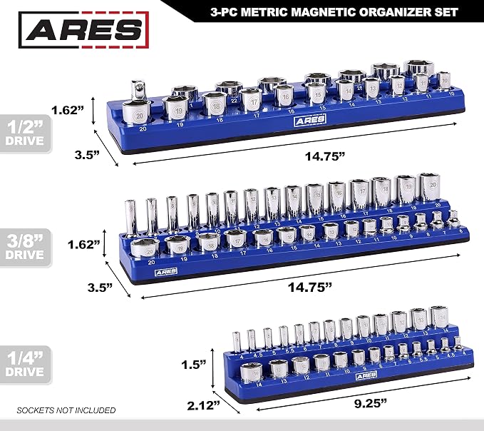 ARES 60036 3-Pc 1/4,3/8,1/2-In Blue Metric Magnetic Socket Organizer | Part No. 60036; Includes 1/4-Inch, 3/8-Inch, and 1/2-Inch Socket Holders