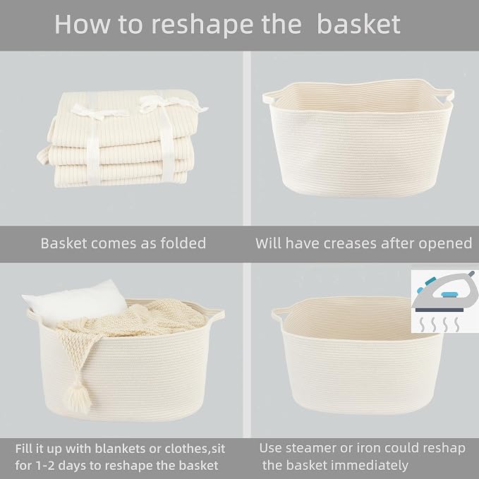 XUANGUO Large Rectangle Woven Cotton Rope Blanket Basket 22"x17"x12" White | Storage basket for nursery and living room; toy basket for kids, dog toy storage, or laundry basket for clothes and towels.