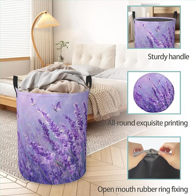 Purple Lavender Round Laundry Basket Collapsible Laundry Hamper with Handles Toys Clothes Organizer Bin For Home Bathroom Bedroom Dorm Nursery