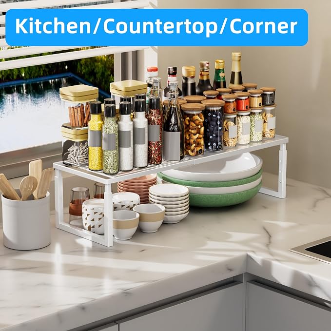 Cabinet Shelves, 4 Pack Stackable Shelves for Pantry Storage | Expandable & Height Adjustable Cabinet Organizer Shelf | Metal Shelf Organizer | White Spice Rack for Pantry Storage