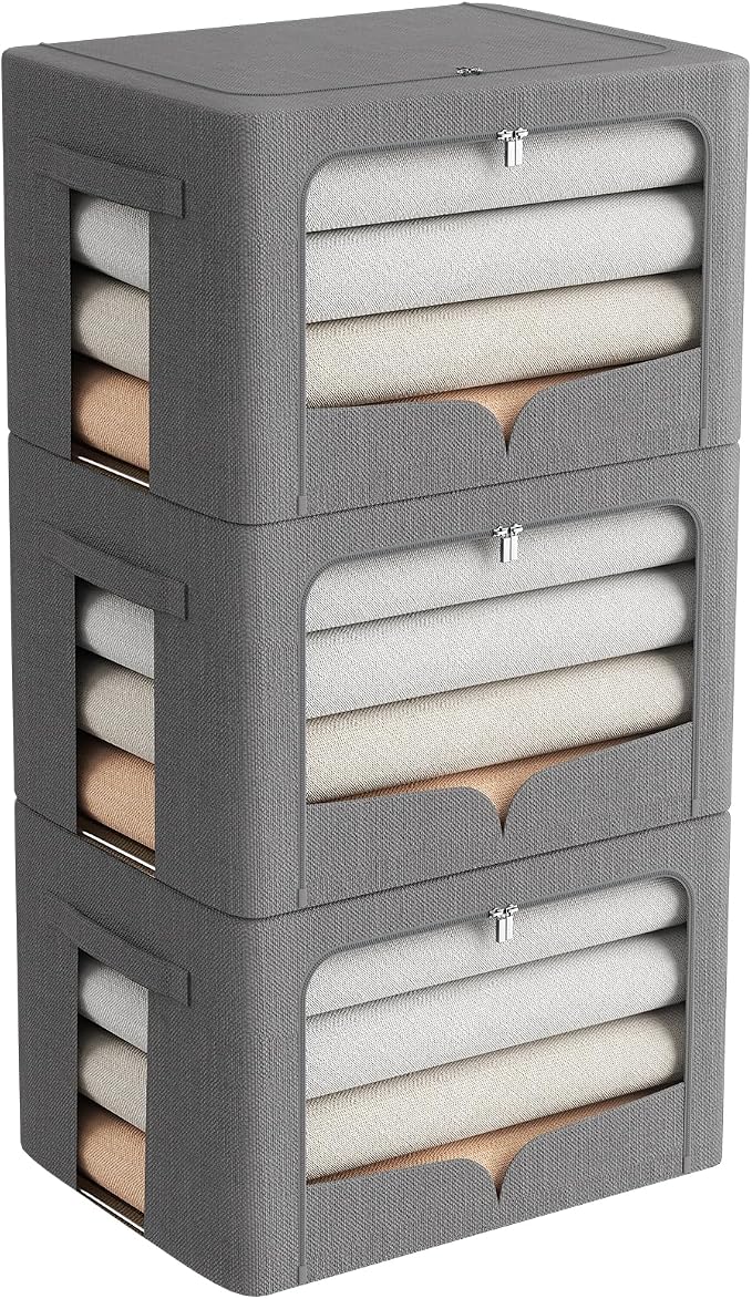 FHSQX 3 Pack Clothes Storage Bins with Metal Frame | Dark Gray, 15.7x11.8x11.8inch (36L) ,Foldable, Stackable Linen Fabric, Carrying Handles, Clear Window