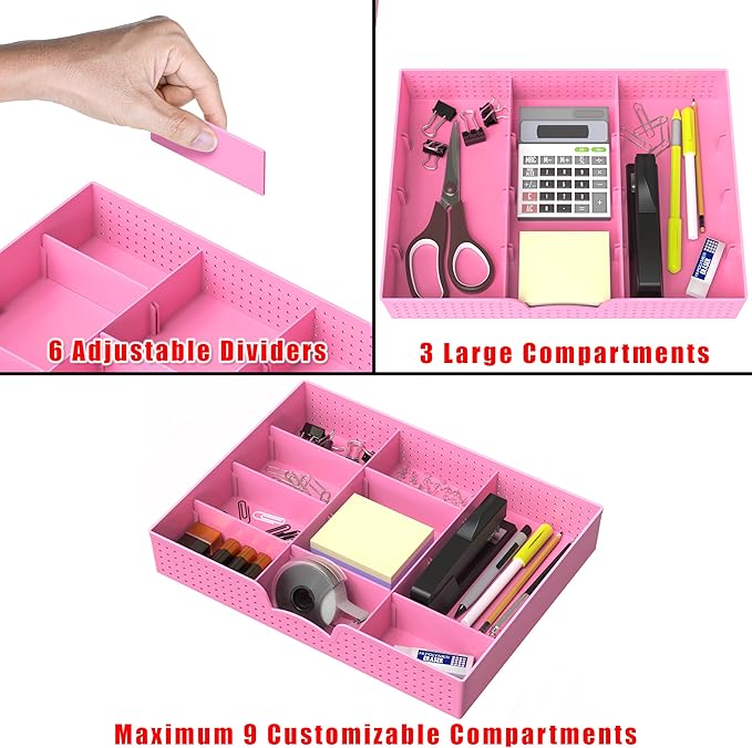 Simple Houseware Drawer Organizer Tray, 9 Adjustable Compartments, Pink | For Office, Makeup, and Craft Drawer or Desktop Storage