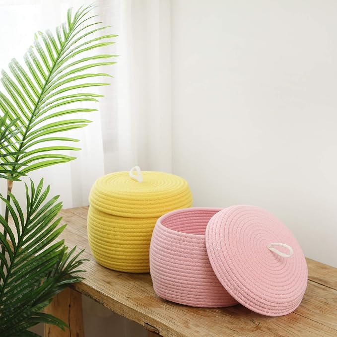Sea Team Round Woven Cotton Rope Storage Basket with Lid, Pink | Lidded Knitted Decorative Storage Bin, Pot, Caddy, Organizer, Container for Snacks, Towels, Plants, 10 x 7.5 Inches