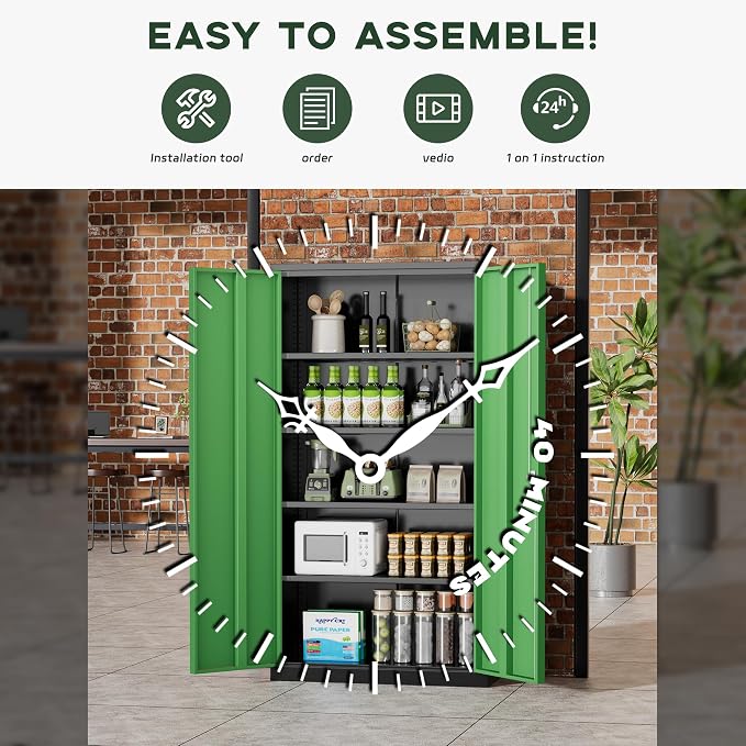 Greenvelly Metal Storage Cabinet, 72" Locking Metal Garage Storage Cabinet with Doors and 4 Adjustable Shelves, Lockable Steel Cabinet for Home Office, Garage, Shop, School (Green 36" W x 18" D)